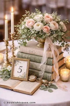 Blush, cream and sage bookish wedding centerpiece
