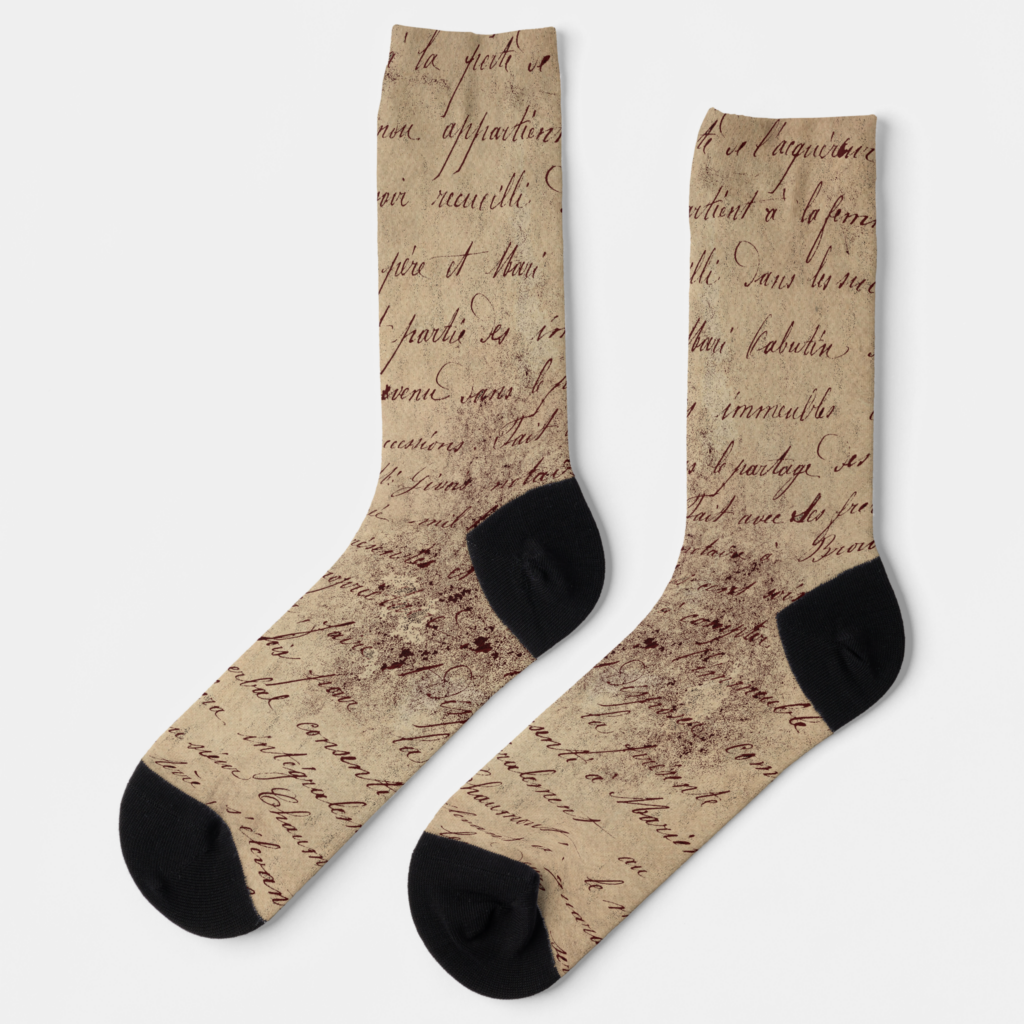 Antique Script Handwriting Sepia Brown Socks