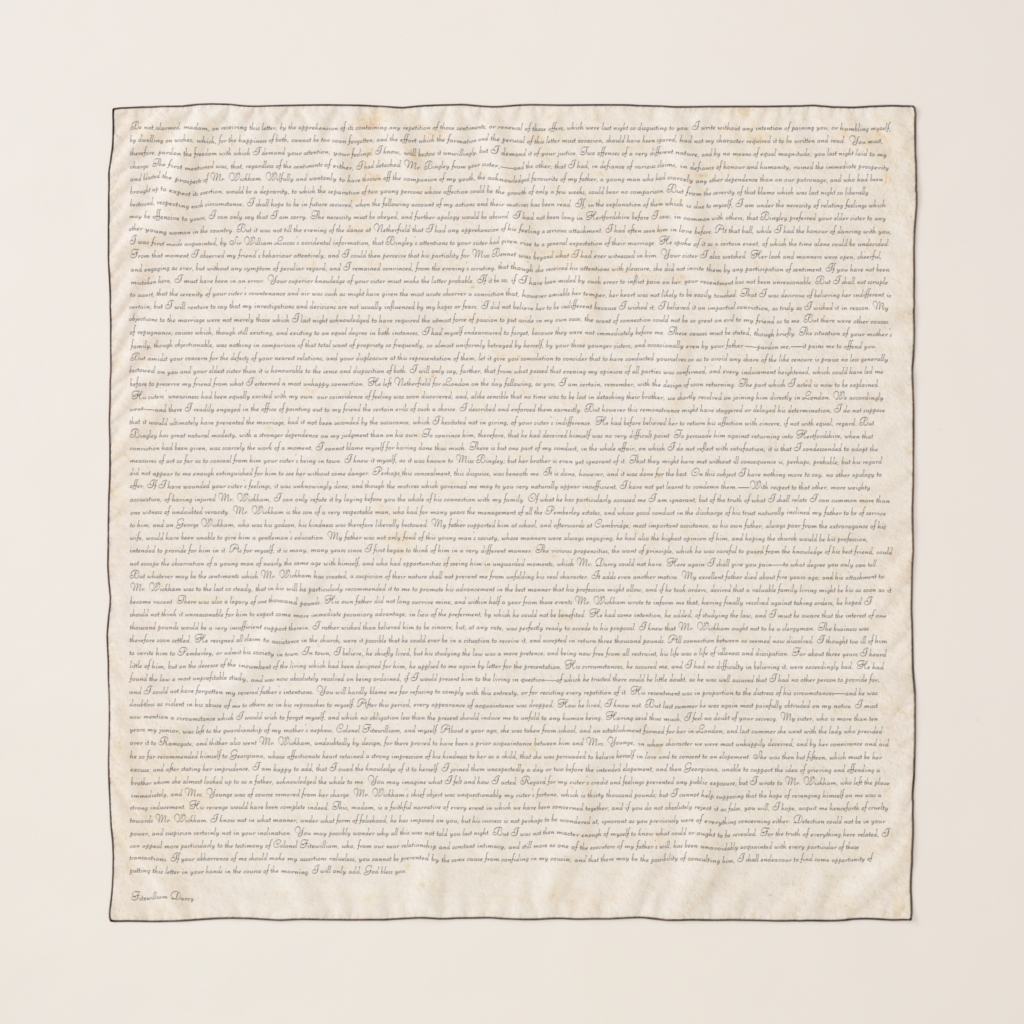 Darcy's Letter to Elizabeth, Pride Prejudice Book Scarf